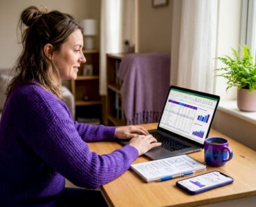 Marketer reviewing ad costs at kitchen table