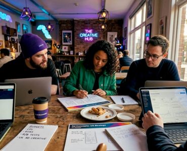 UA team brainstorming mobile ad creation in workspace