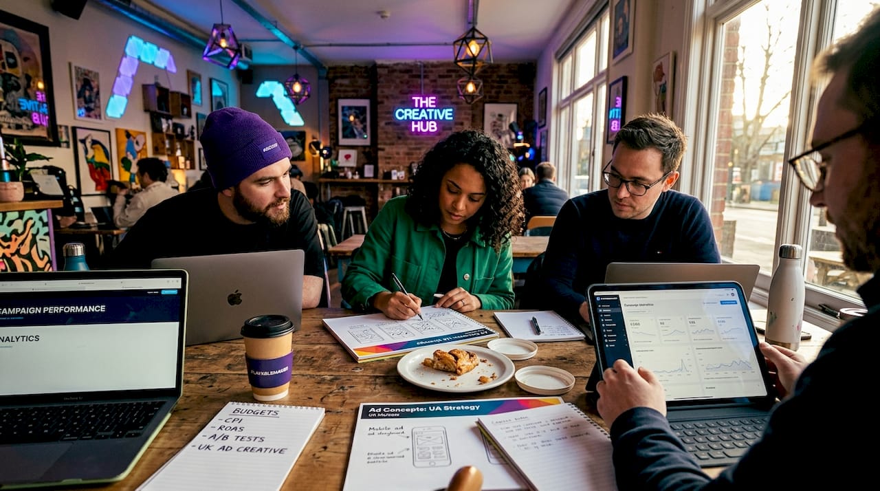 UA team brainstorming mobile ad creation in workspace