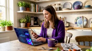 Person multitasking with laptop and phone at kitchen table