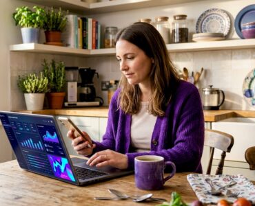Person multitasking with laptop and phone at kitchen table