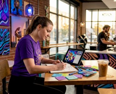 Marketer sketching ad story branches home workspace
