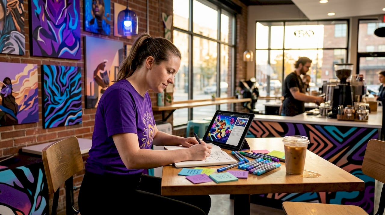 Marketer sketching ad story branches home workspace