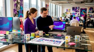 UX designers reviewing ad performance mockups