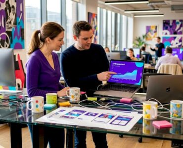 UX designers reviewing ad performance mockups