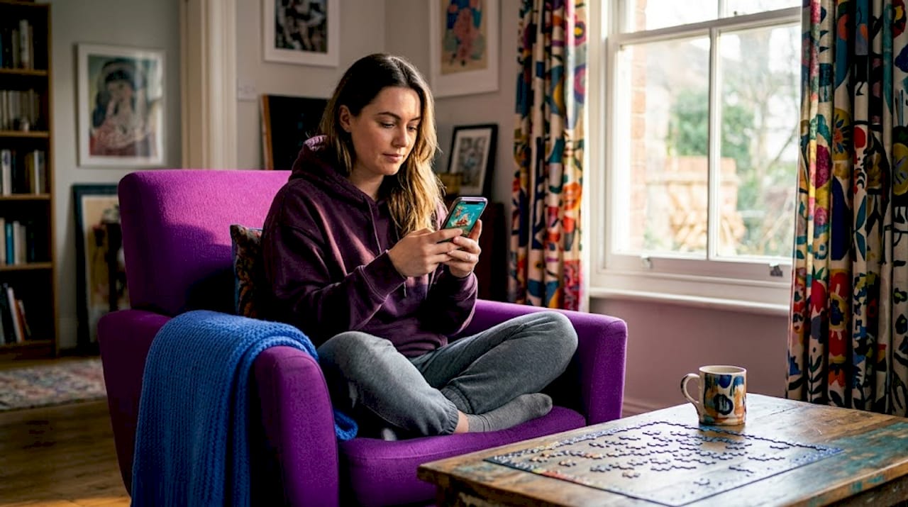 Mobile gamer watches reward ad on sofa