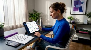 Gaming marketer reviewing mobile ad privacy workspace