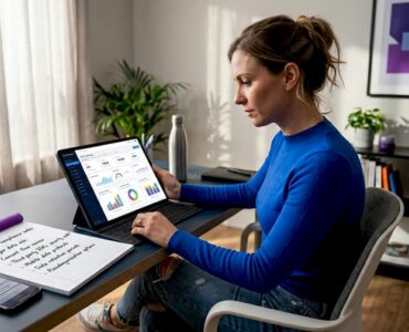 Gaming marketer reviewing mobile ad privacy workspace