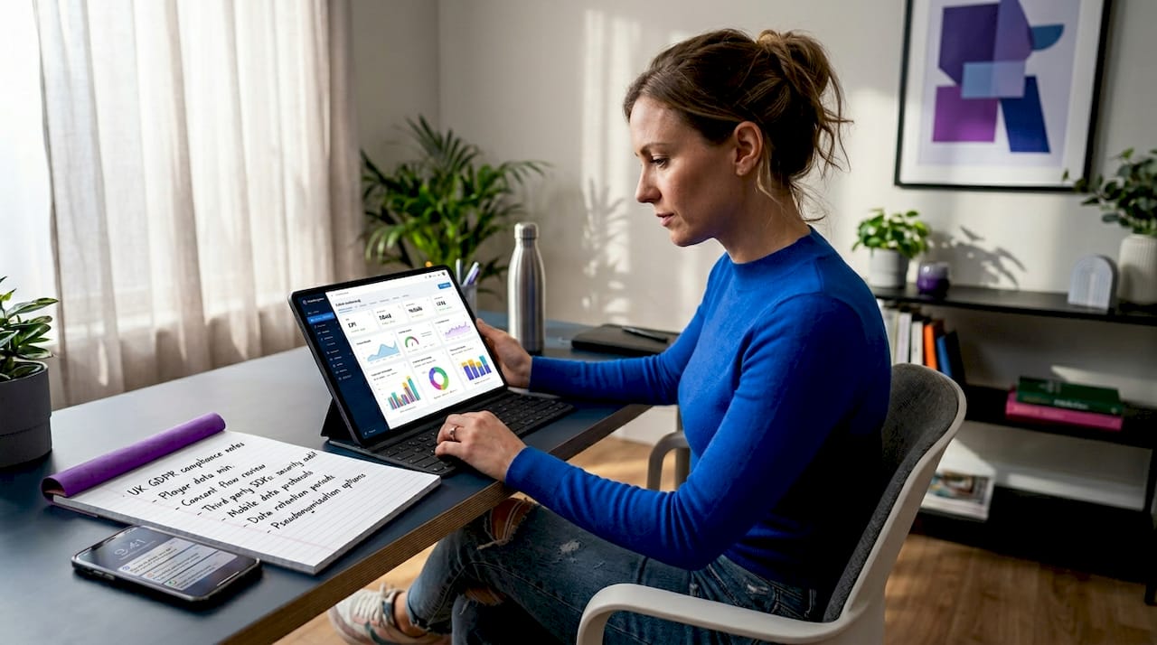 Gaming marketer reviewing mobile ad privacy workspace