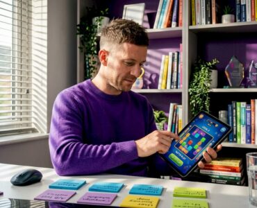 Marketer reviewing in-ad gameplay on tablet
