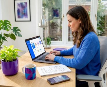 Professional woman using no-code tool at home desk