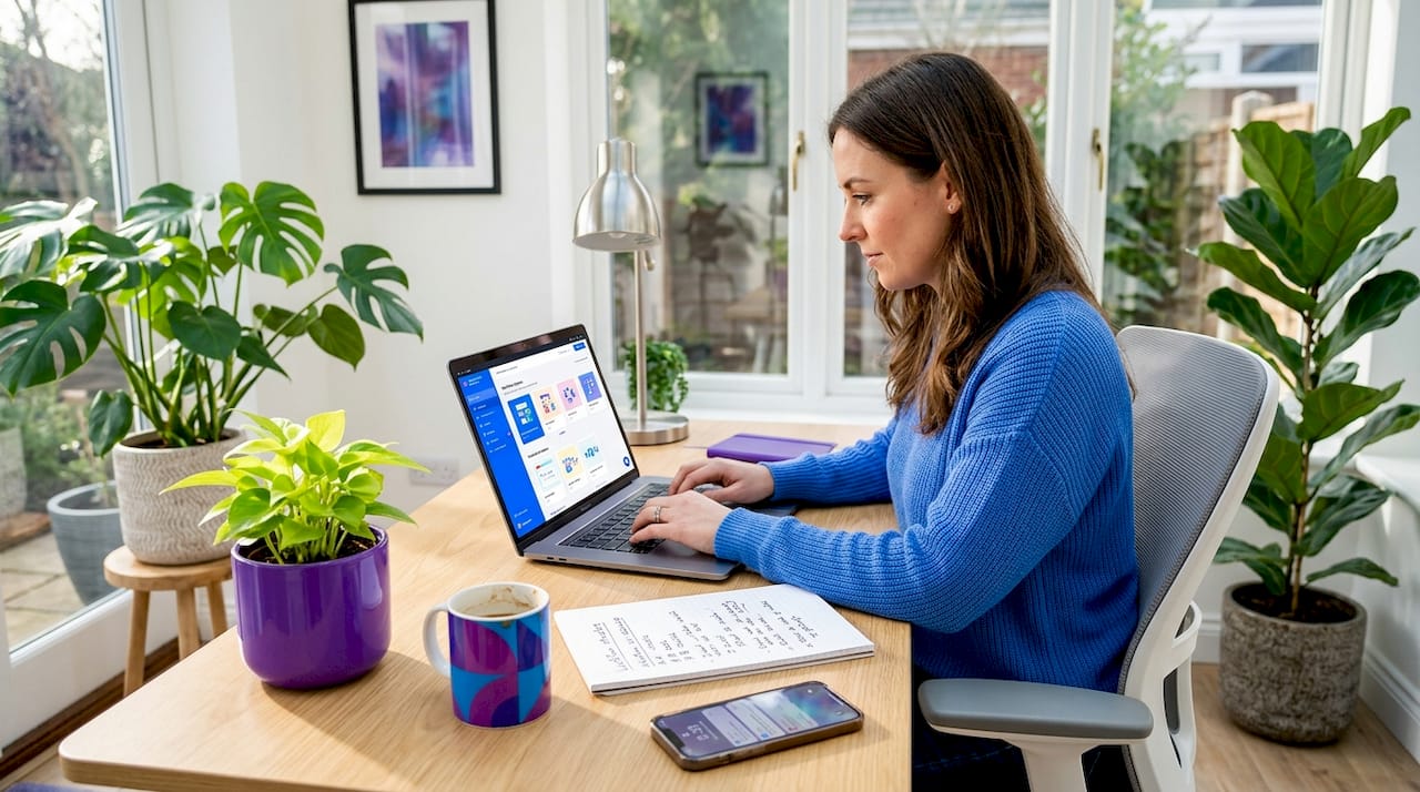 Professional woman using no-code tool at home desk