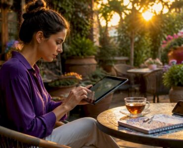 Marketer analyzing digital ad user journey at desk