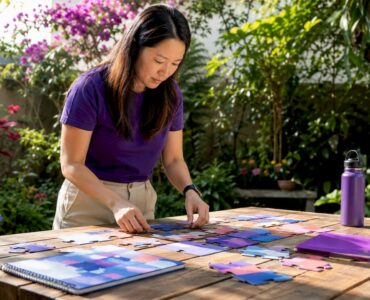 Woman assembling modular ad components at desk