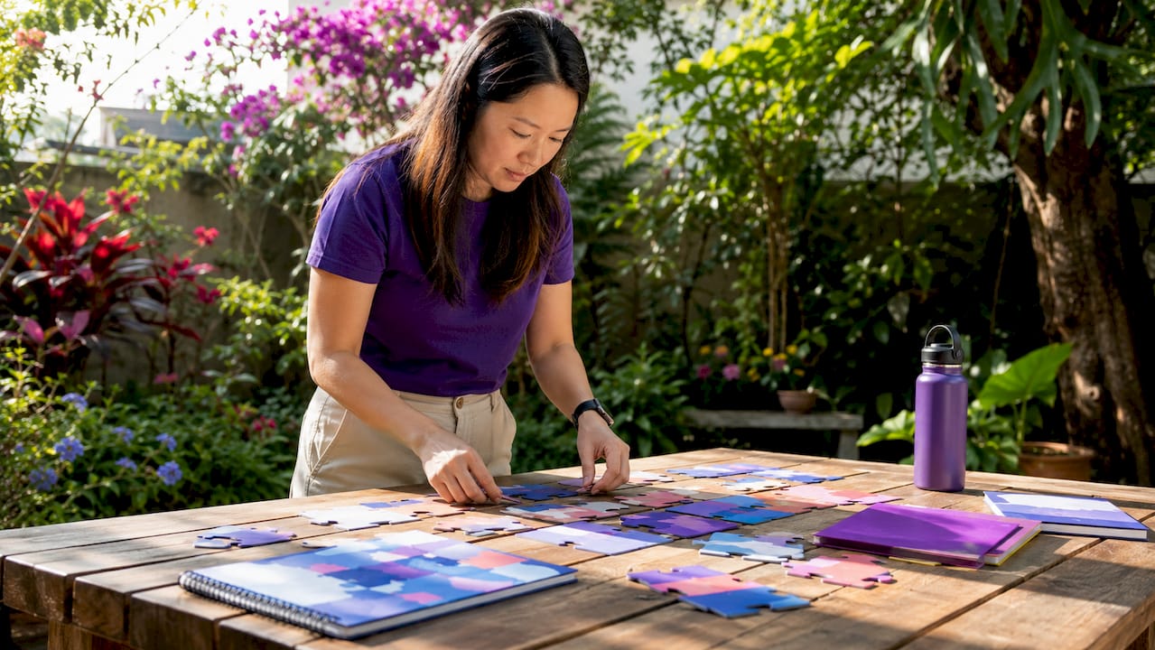 Woman assembling modular ad components at desk