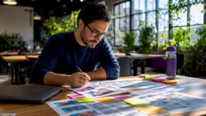 Mobile game marketer reviewing creative briefs