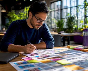 Mobile game marketer reviewing creative briefs