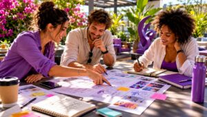 Mobile gaming team collaborating on ad design