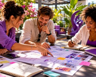 Mobile gaming team collaborating on ad design