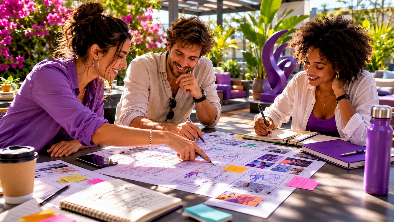 Mobile gaming team collaborating on ad design