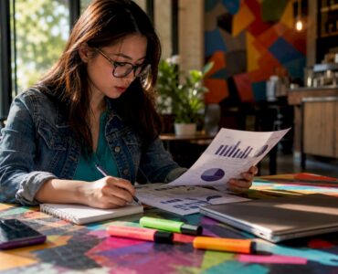 Marketer reviewing mobile game ad costs at desk