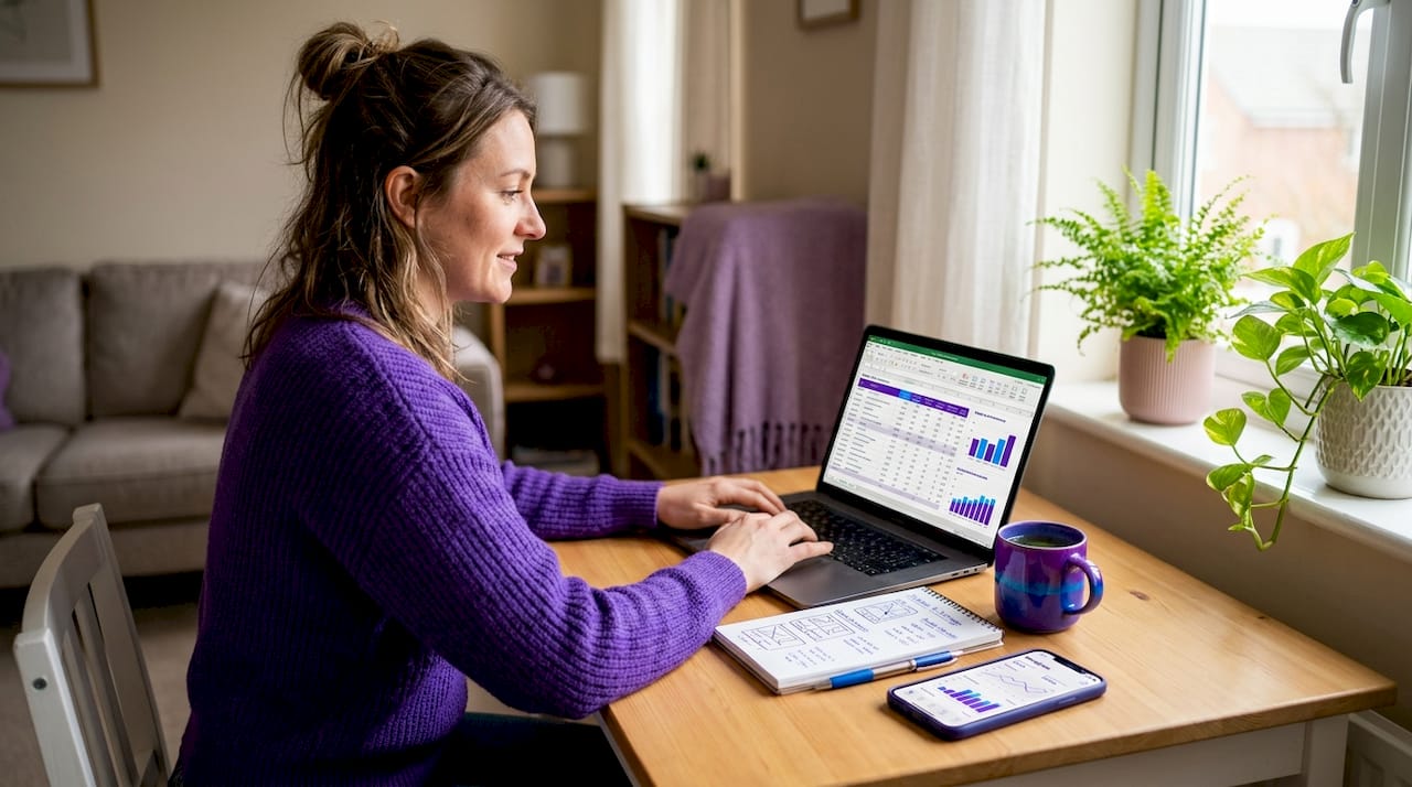 Marketer reviewing ad costs at kitchen table