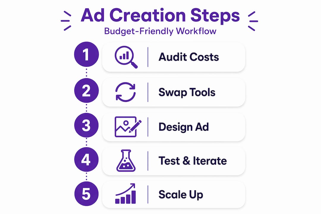 Vertical infographic outlining budget ad creation steps